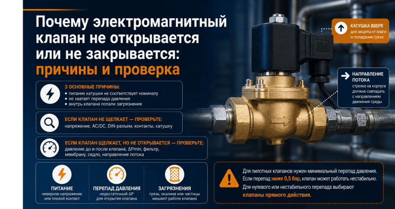 Почему электромагнитный клапан не открывается или не закрывается